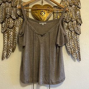 Haute Monde Shimmery Dark Taupe Cold Shoulder Lace-Up Front Top Size XL